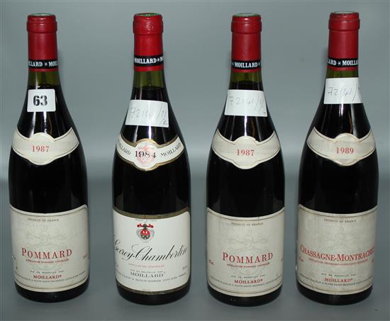 1 Moillard Gevrey Chambertin 1984, 2 Moillard Pommard 1987 and 1 Moillard Chassagne Montrachet Rouge 1989
